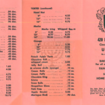 A pink menu from the bake shop listing items for sale alongside prices.