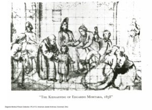 A black and white drawn, gridded image depicting the abduction of  Edgardo Levi Mortara as a six-year-old child in 1858. On the right side of the image,  Edgardo’s family appears pained; one woman has fainted, held up by another. The  father’s arms are outstretched to the boy, but the boy is being ushered away by a  representative of the Catholic Church on the left frame of the image and does not look  towards his father. The image is crowded with figures, from family, to onlookers, to the  boy, Edgardo, himself. 