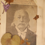 Photograph of Rabbi Isaac M. Wise retrieved from a scrapbook compiled of his life and death. The image is attached the the paper and covered with dried leaves and flowers.