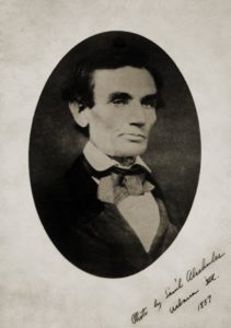 Image of President Lincoln with a written note, "Photo by Samuel Alschuler, Urbana, Illinois, 1857"