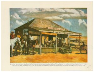 A "Wild West" painting with a poster for Levi Strauss jeans.