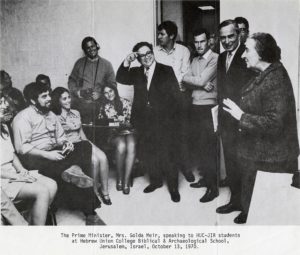 Black and white photograph of Golda Meir, the Prime Minister of Israel, speaking to HUC-JIR students at Hebrew Union College Biblical and Archaeological School, Jerusalem, Israel, Oct. 13, 1970. 
