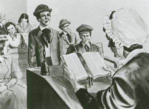 Black and white drawing of Rebecca Gratz presenting from a podium.