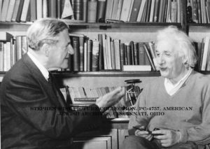 Rabbi Stephen S. Wise sitting in discussion with Albert Einstein conferring on Russian War relief in Princeton, NJ, June 6, 1945.